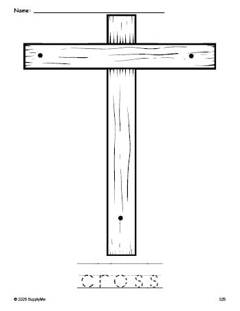 Free printable cross Easter coloring page and word tracing worksheet, perfect for preschool, pre-k, and kindergarten, PDF