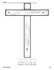 Free printable cross Easter coloring page and word tracing worksheet, perfect for preschool, pre-k, and kindergarten, PDF