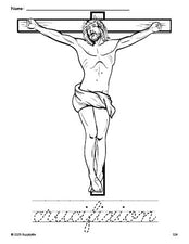 Free printable crucifixion Easter coloring page and cursive word tracing worksheet, perfect for preschool, pre-k, and kindergarten, PDF