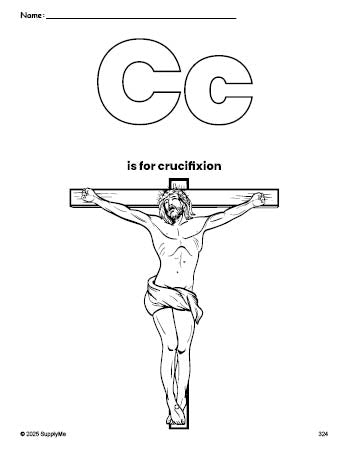 Free printable crucifixion Easter coloring page, letter c coloring page for preschool, pre-k, and kindergarten, PDF