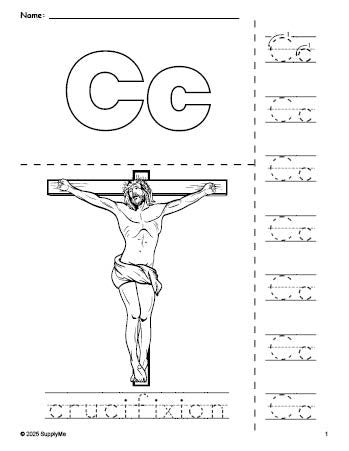 Free printable crucifixion Easter coloring page and letter tracing worksheet, letter c worksheet for preschool, pre-k, and kindergarten, PDF