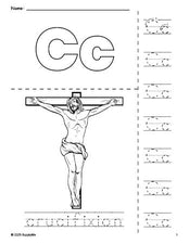 Free printable crucifixion Easter coloring page and letter tracing worksheet, letter c worksheet for preschool, pre-k, and kindergarten, PDF