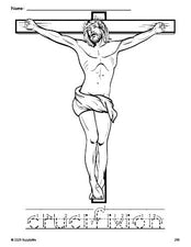 Free printable crucifixion Easter coloring page and word tracing worksheet, letter formation guides, perfect for preschool, pre-k, and kindergarten, PDF