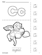 Free printable cupid Valentine's Day coloring page and cursive letter tracing worksheet, letter c worksheet for preschool, pre-k, and kindergarten, PDF