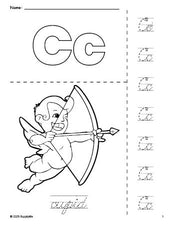 Free printable cupid Valentine's Day coloring page and cursive letter tracing worksheet, letter c worksheet for preschool, pre-k, and kindergarten, PDF