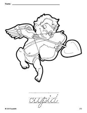 Free printable cupid Valentine's Day coloring page and cursive word tracing worksheet, perfect for preschool, pre-k, and kindergarten, PDF