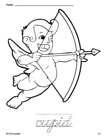 Free printable cupid Valentine's Day coloring page and cursive word tracing worksheet, perfect for preschool, pre-k, and kindergarten, PDF