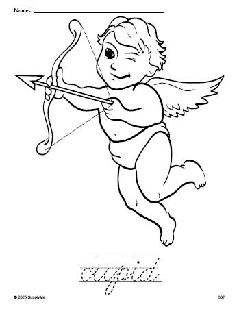 Free printable cupid Valentine's Day coloring page and cursive word tracing worksheet, perfect for preschool, pre-k, and kindergarten, PDF