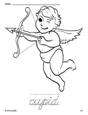 Free printable cupid Valentine's Day coloring page and cursive word tracing worksheet, perfect for preschool, pre-k, and kindergarten, PDF