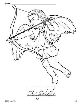 Free printable cupid Valentine's Day coloring page and cursive word tracing worksheet, perfect for preschool, pre-k, and kindergarten, PDF