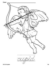 Free printable cupid Valentine's Day coloring page and cursive word tracing worksheet, perfect for preschool, pre-k, and kindergarten, PDF