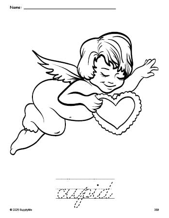 Free printable cupid Valentine's Day coloring page and cursive word tracing worksheet, perfect for preschool, pre-k, and kindergarten, PDF