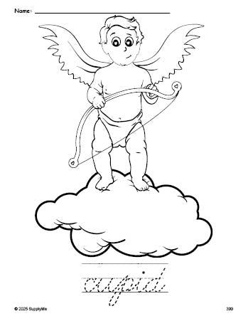 Free printable cupid Valentine's Day coloring page and cursive word tracing worksheet, perfect for preschool, pre-k, and kindergarten, PDF