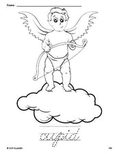 Free printable cupid Valentine's Day coloring page and cursive word tracing worksheet, perfect for preschool, pre-k, and kindergarten, PDF