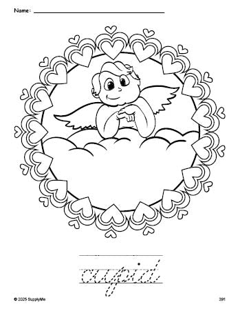 Free printable cupid Valentine's Day coloring page and cursive word tracing worksheet, perfect for preschool, pre-k, and kindergarten, PDF