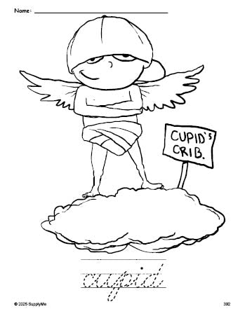 Free printable cupid Valentine's Day coloring page and cursive word tracing worksheet, perfect for preschool, pre-k, and kindergarten, PDF