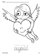 Free printable cupid Valentine's Day coloring page and cursive word tracing worksheet, perfect for preschool, pre-k, and kindergarten, PDF