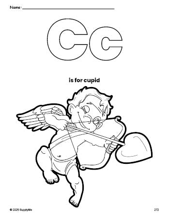 Free printable cupid Valentine's Day coloring page, letter c coloring page for preschool, pre-k, and kindergarten, PDF