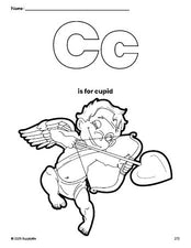 Free printable cupid Valentine's Day coloring page, letter c coloring page for preschool, pre-k, and kindergarten, PDF