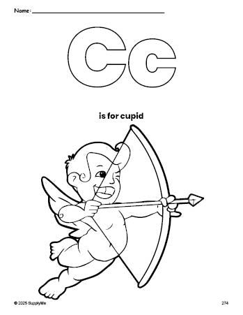 Free printable cupid Valentine's Day coloring page, letter c coloring page for preschool, pre-k, and kindergarten, PDF