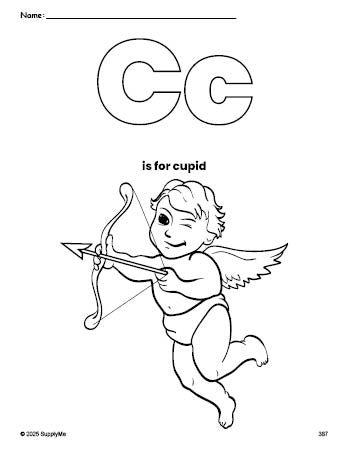 Free printable cupid Valentine's Day coloring page, letter c coloring page for preschool, pre-k, and kindergarten, PDF