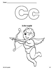 Free printable cupid Valentine's Day coloring page, letter c coloring page for preschool, pre-k, and kindergarten, PDF