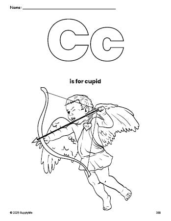 Free printable cupid Valentine's Day coloring page, letter c coloring page for preschool, pre-k, and kindergarten, PDF