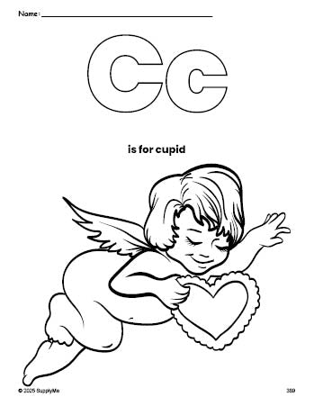 Free printable cupid Valentine's Day coloring page, letter c coloring page for preschool, pre-k, and kindergarten, PDF