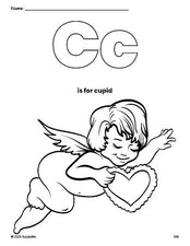 Free printable cupid Valentine's Day coloring page, letter c coloring page for preschool, pre-k, and kindergarten, PDF