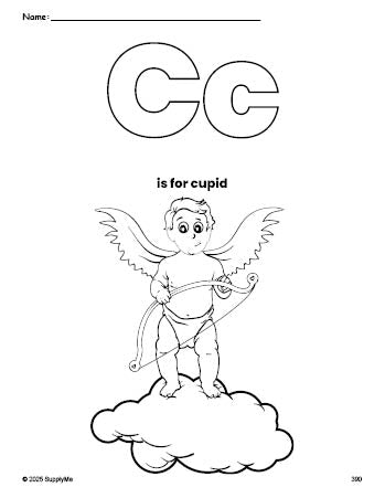 Free printable cupid Valentine's Day coloring page, letter c coloring page for preschool, pre-k, and kindergarten, PDF