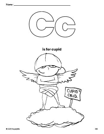 Free printable cupid Valentine's Day coloring page, letter c coloring page for preschool, pre-k, and kindergarten, PDF