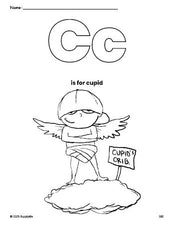 Free printable cupid Valentine's Day coloring page, letter c coloring page for preschool, pre-k, and kindergarten, PDF