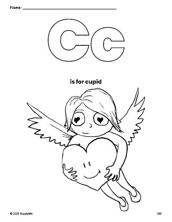 Free printable cupid Valentine's Day coloring page, letter c coloring page for preschool, pre-k, and kindergarten, PDF