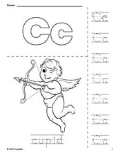 Free printable cupid Valentine's Day coloring page and letter tracing worksheet, letter c worksheet for preschool, pre-k, and kindergarten, PDF