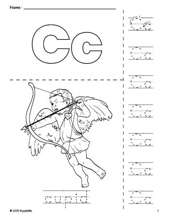 Free printable cupid Valentine's Day coloring page and letter tracing worksheet, letter c worksheet for preschool, pre-k, and kindergarten, PDF