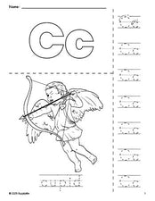 Free printable cupid Valentine's Day coloring page and letter tracing worksheet, letter c worksheet for preschool, pre-k, and kindergarten, PDF