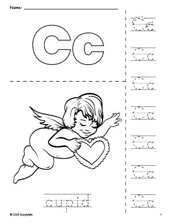 Free printable cupid Valentine's Day coloring page and letter tracing worksheet, letter c worksheet for preschool, pre-k, and kindergarten, PDF