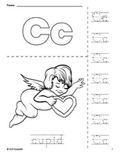 Free printable cupid Valentine's Day coloring page and letter tracing worksheet, letter c worksheet for preschool, pre-k, and kindergarten, PDF