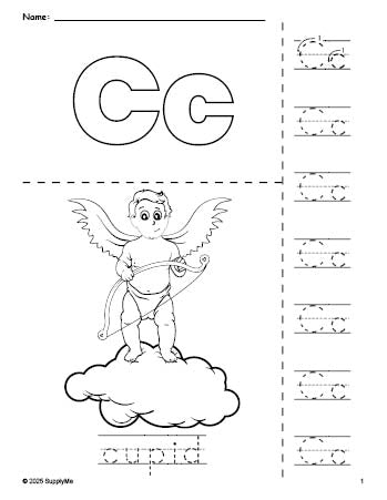 Free printable cupid Valentine's Day coloring page and letter tracing worksheet, letter c worksheet for preschool, pre-k, and kindergarten, PDF