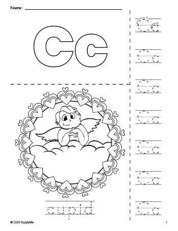 Free printable cupid Valentine's Day coloring page and letter tracing worksheet, letter c worksheet for preschool, pre-k, and kindergarten, PDF