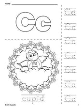 Free printable cupid Valentine's Day coloring page and letter tracing worksheet, letter c worksheet for preschool, pre-k, and kindergarten, PDF