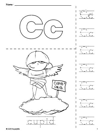 Free printable cupid Valentine's Day coloring page and letter tracing worksheet, letter c worksheet for preschool, pre-k, and kindergarten, PDF