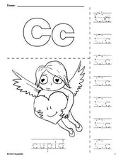 Free printable cupid Valentine's Day coloring page and letter tracing worksheet, letter c worksheet for preschool, pre-k, and kindergarten, PDF