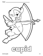 Free printable cupid Valentine's Day coloring page for preschool, pre-k, and kindergarten, PDF