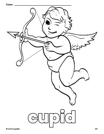 Free printable cupid Valentine's Day coloring page for preschool, pre-k, and kindergarten, PDF