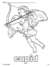 Free printable cupid Valentine's Day coloring page for preschool, pre-k, and kindergarten, PDF