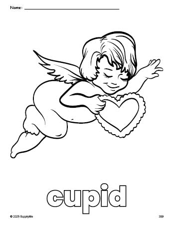 Free printable cupid Valentine's Day coloring page for preschool, pre-k, and kindergarten, PDF