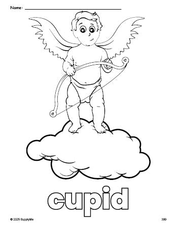 Free printable cupid Valentine's Day coloring page for preschool, pre-k, and kindergarten, PDF