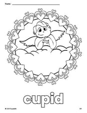 Free printable cupid Valentine's Day coloring page for preschool, pre-k, and kindergarten, PDF