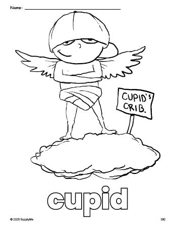 Free printable cupid Valentine's Day coloring page for preschool, pre-k, and kindergarten, PDF